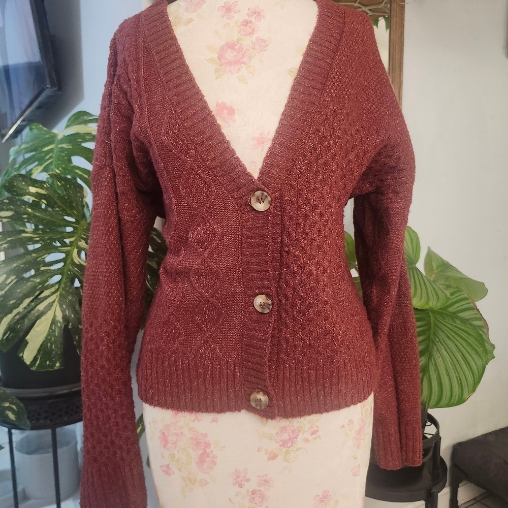 Women's Textured V-Neck Button Cardigan in Rust - Picture 2 of 5